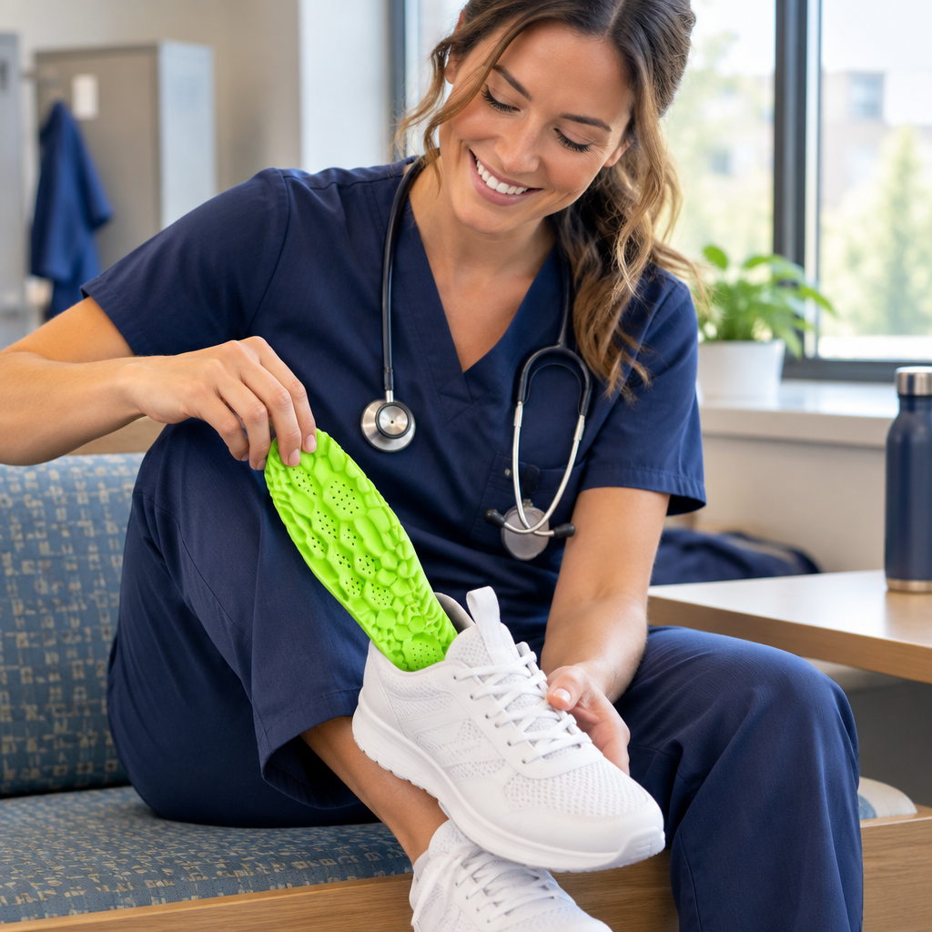 Nurse putting CloudStep insole into her work shoe