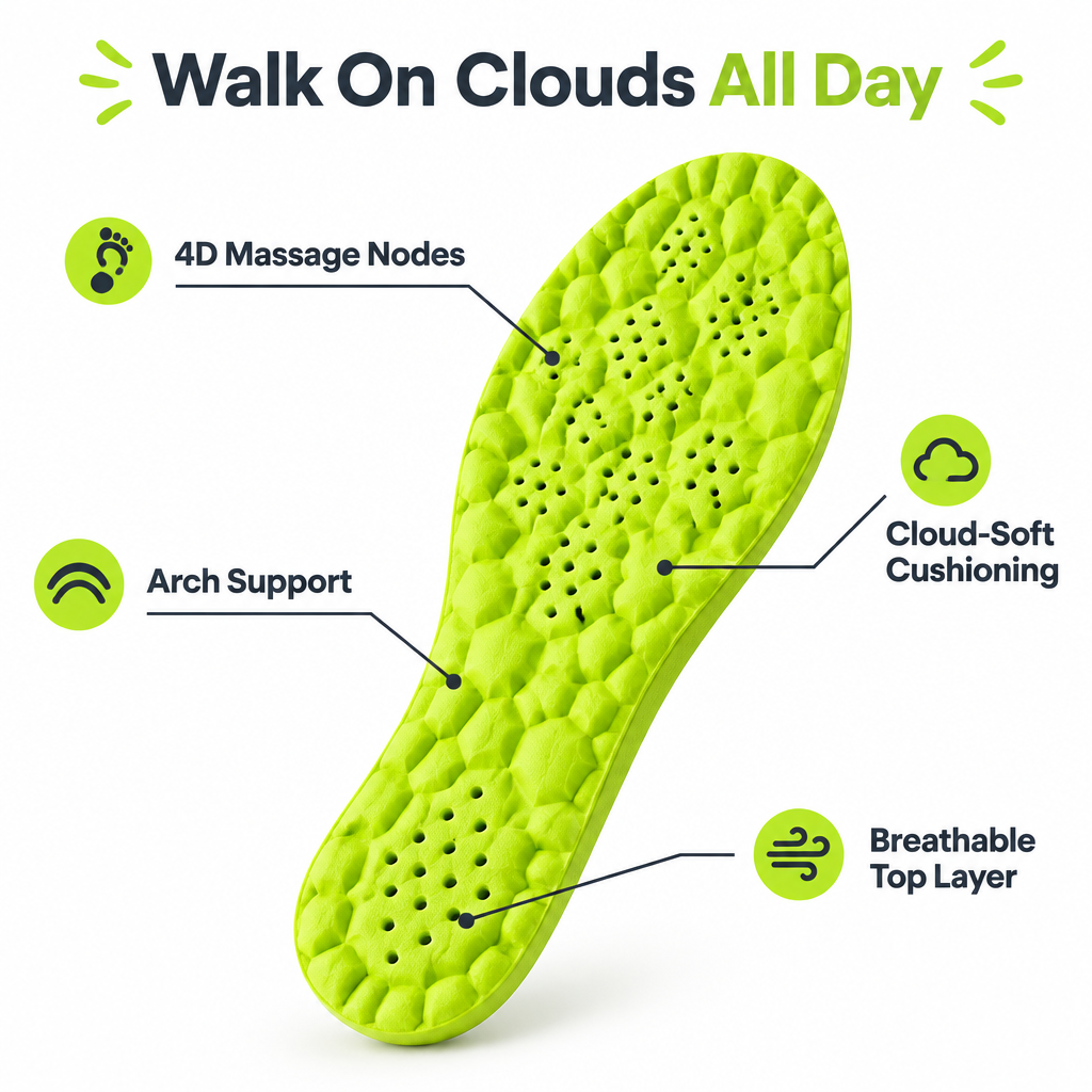 CloudStep insole features: massage nodes, cushioning, arch support, breathable top