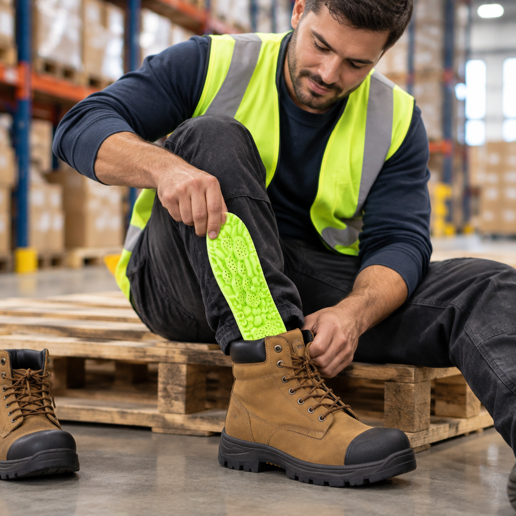 Warehouse worker putting CloudStep insole into a steel-toe boot